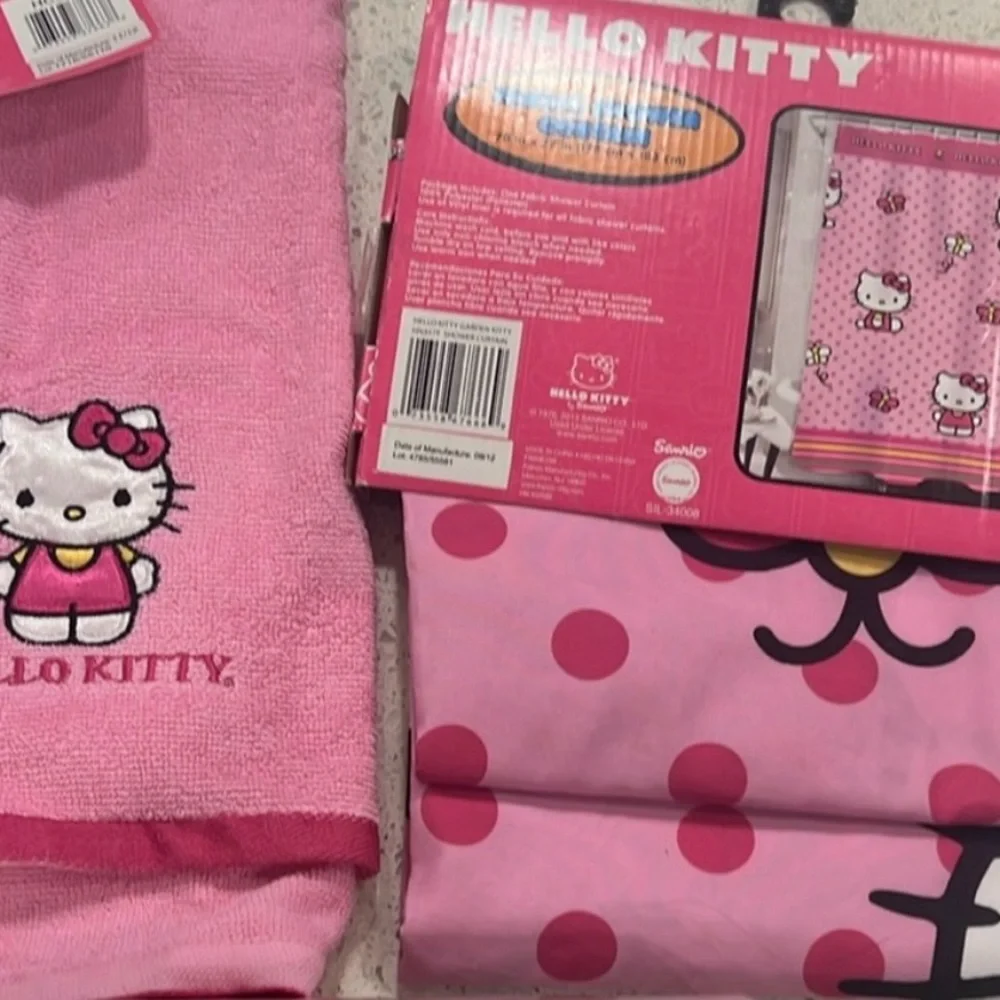 Hello Kitty pink polka dot butterflies shower curtain and hand towel set